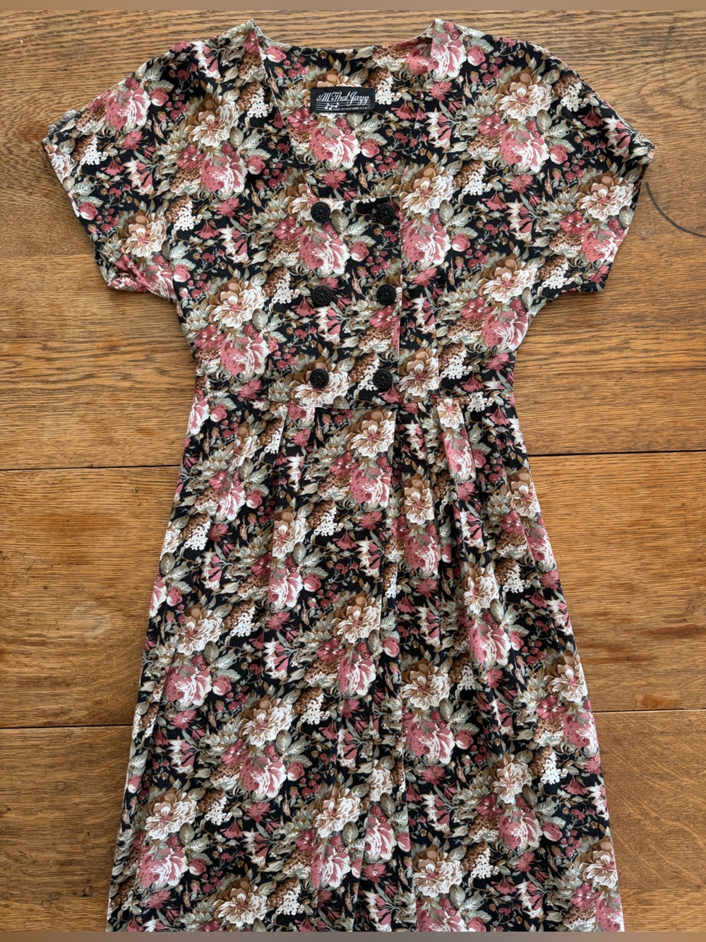 Vintage All that Jazz Black Floral Midi Dress Pink and Brown Blooms w/ pockets !